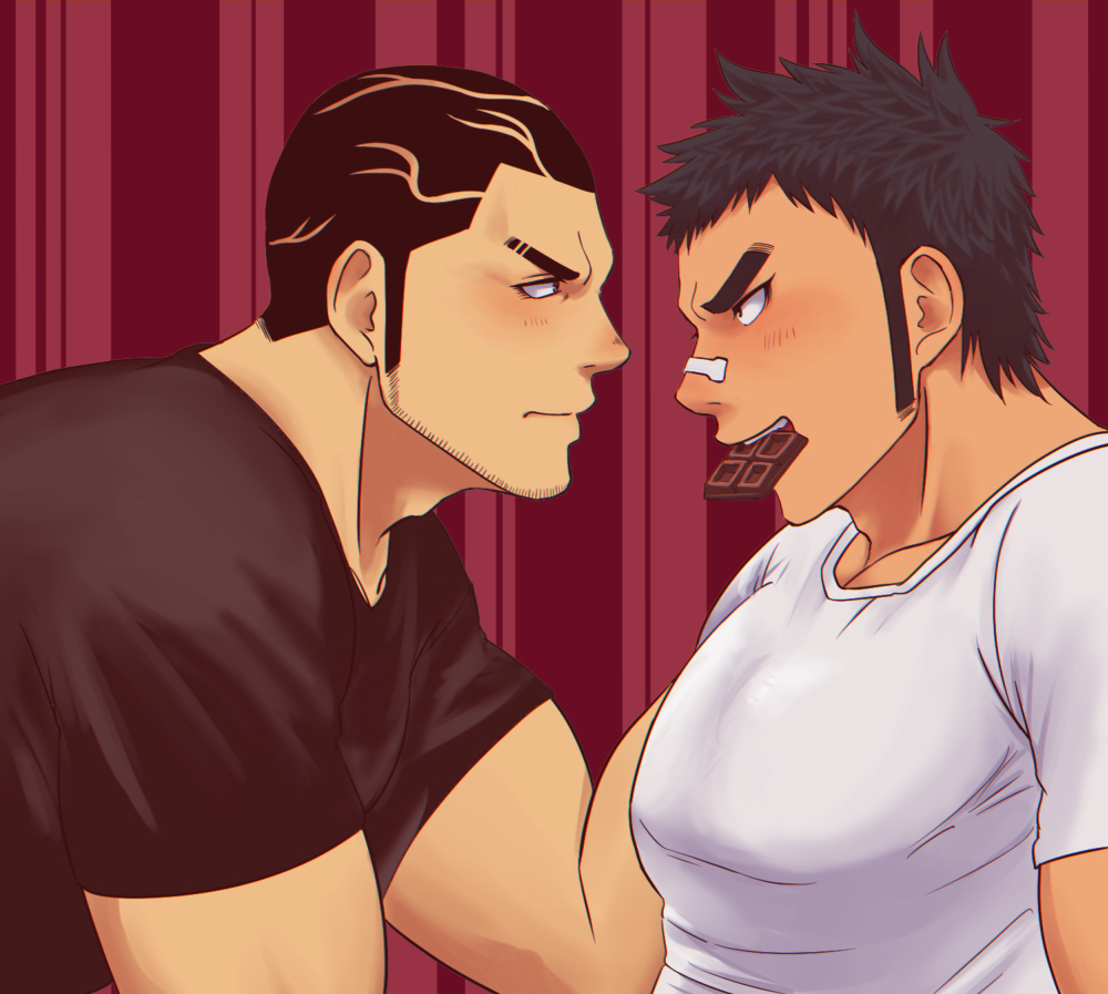 2boys araki_gennosuke black_hair black_shirt blush chocolate domodomoch eye_contact facial_hair hairstyle_request hinomaru_zumou kunisaki_chihiro looking_at_another male_focus mouth_hold multiple_boys muscle red_background shirt sideburns simple_background spiky_hair striped striped_background stubble t-shirt thick_eyebrows upper_body vertical-striped_background vertical_stripes white_shirt yaoi