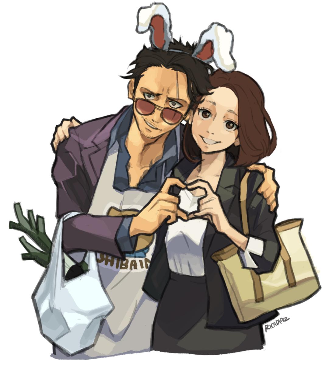 1boy 1girl animal_ears apron arm_around_shoulder artist_name bag black_hair black_jacket black_skirt brown_hair fake_animal_ears gokushufudou heart heart_hands heart_hands_duo highres husband_and_wife irezumi jacket miku_(gokufushudou) rabbit_ears rica_diaz shopping_bag simple_background skirt smirk sunglasses tatsu_(gokufushudou) tattoo white_background