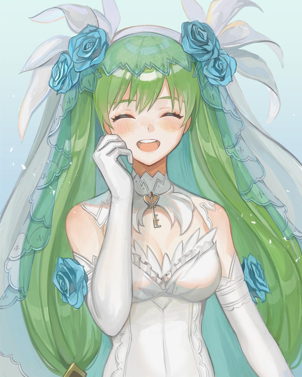 1girl blue_flower blush breasts cleavage closed_eyes detached_collar dress elbow_gloves flower frey_(rune_factory) gloves green_hair highres key kyufe long_hair medium_breasts open_mouth rune_factory rune_factory_4 simple_background solo strapless strapless_dress twintails upper_body veil wedding_dress white_dress white_gloves