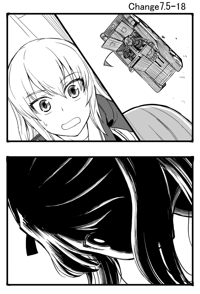 2koma 3girls anzio_military_uniform carro_veloce_cv-33 comic girls_und_panzer greyscale ground_vehicle itsumi_erika long_hair military military_vehicle monochrome motor_vehicle multiple_girls ooarai_military_uniform pepperoni_(girls_und_panzer) shaded_face shimada_arisu side_ponytail sutahiro_(donta) sweatdrop tank