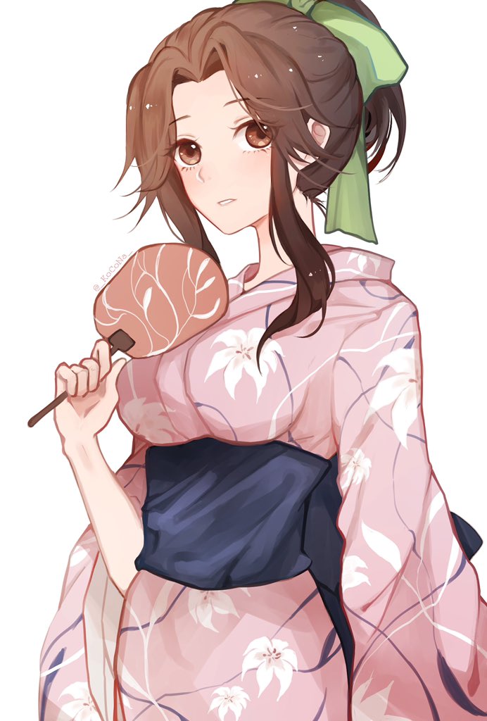 1girl brown_eyes brown_hair commentary_request fan floral_print green_ribbon hair_intakes hair_ribbon half_updo japanese_clothes jintsuu_(kantai_collection) kantai_collection kimono kocona long_hair looking_at_viewer obi pink_kimono ponytail ribbon sash simple_background solo twitter_username white_background yukata