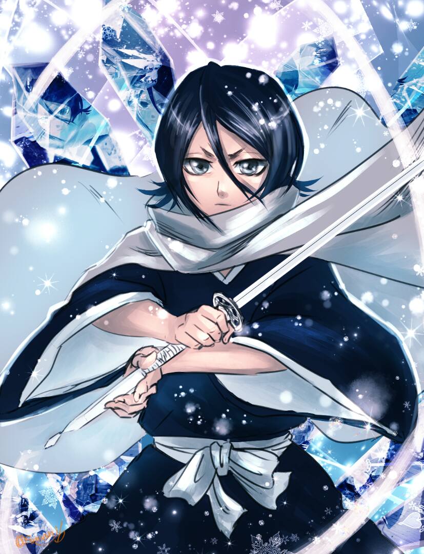 1girl black_hair black_kimono bleach grey_eyes hair_between_eyes holding holding_sword holding_weapon japanese_clothes katana kimono kuchiki_rukia long_sleeves looking_at_viewer san-san_(pixiv16523866) short_hair signature solo standing sword weapon wide_sleeves