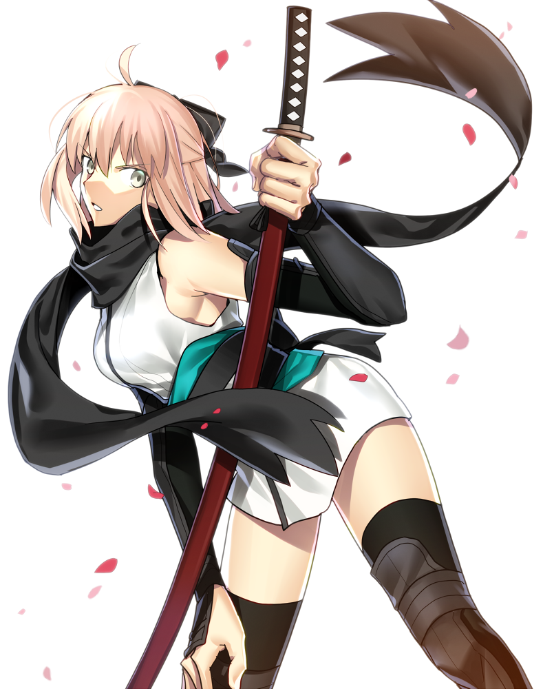 1girl ahoge black_bow black_legwear black_scarf bow cherry_blossoms fate_(series) grey_eyes hair_bow hand_on_own_knee holding holding_sheath japanese_clothes katana kimono koha-ace leaning_forward looking_at_viewer obi okita_souji_(fate) okita_souji_(fate)_(all) open_mouth sash scarf sen_(77nuvola) sheath sheathed short_hair short_kimono silver_hair simple_background sleeveless sleeveless_kimono solo standing sword thigh-highs weapon white_background white_kimono zettai_ryouiki