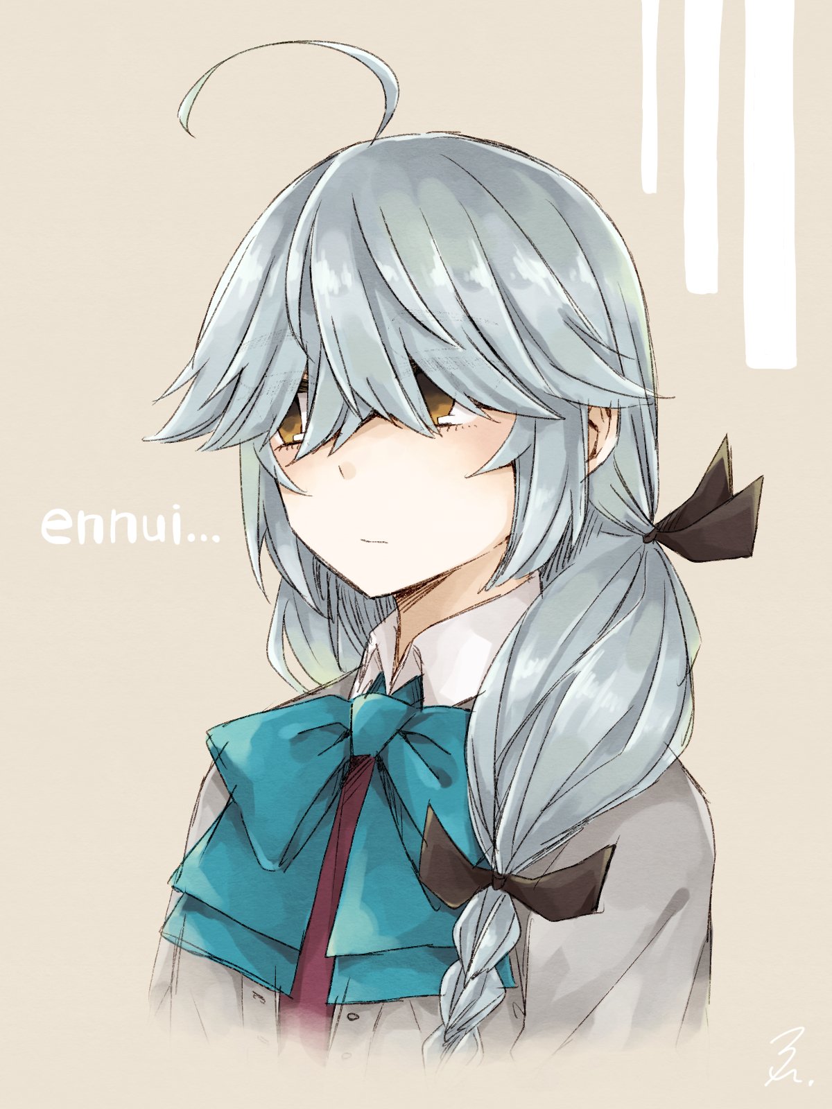 1girl ahoge black_ribbon blue_neckwear blush bow bowtie braid brown_eyes cardigan closed_mouth dress english_text expressionless grey_cardigan grey_hair hair_over_eyes hair_ribbon hamanami_(kantai_collection) highres kantai_collection light_brown_background long_hair long_sleeves miroku_san-ju pleated_dress portrait purple_dress ribbon school_uniform shirt signature simple_background single_braid sleeveless sleeveless_dress solo white_shirt