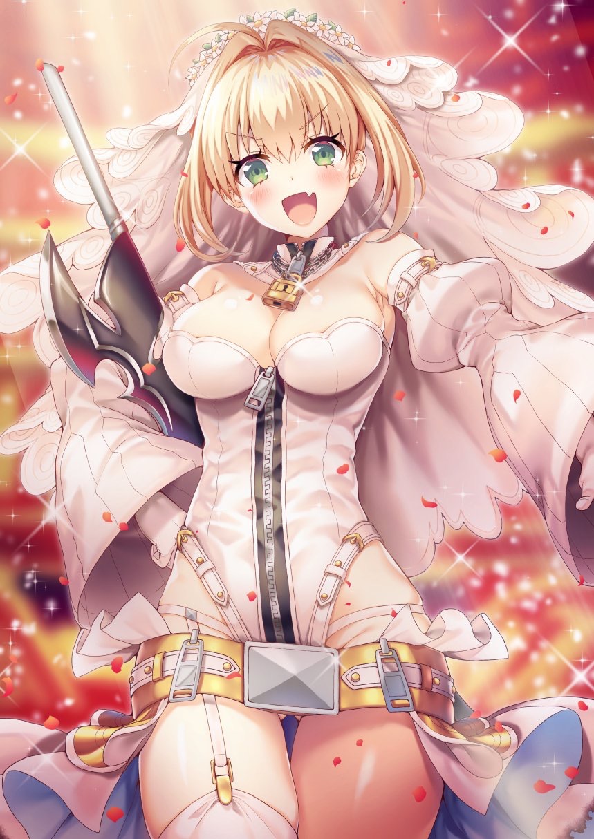 1girl :d aestus_estus ahoge asymmetrical_legwear bangs blonde_hair blurry blurry_background blush breasts chains cleavage commentary_request depth_of_field detached_sleeves eyebrows_visible_through_hair fang fate/extra fate/extra_ccc fate_(series) garter_straps gloves green_eyes hair_between_eyes hair_intakes hand_on_hip highleg highleg_leotard highres ichigo_seika juliet_sleeves large_breasts leotard lock long_sleeves nero_claudius_(bride)_(fate) nero_claudius_(fate)_(all) open_mouth padlock petals puffy_sleeves sidelocks single_thighhigh sleeves_past_wrists smile solo sparkle thigh-highs veil white_footwear white_gloves white_legwear white_leotard white_sleeves wide_sleeves