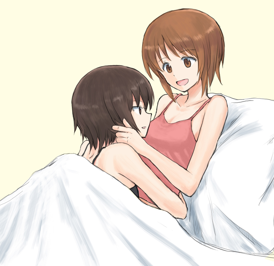 2girls :d bed_sheet black_shirt breasts brown_eyes brown_hair cleavage collarbone eye_contact from_side girls_und_panzer hug looking_at_another multiple_girls mutsu_(layergreen) nishizumi_maho nishizumi_miho open_mouth pillow pink_shirt shirt short_hair siblings simple_background sisters sleeveless sleeveless_shirt small_breasts smile under_covers upper_body white_background yuri