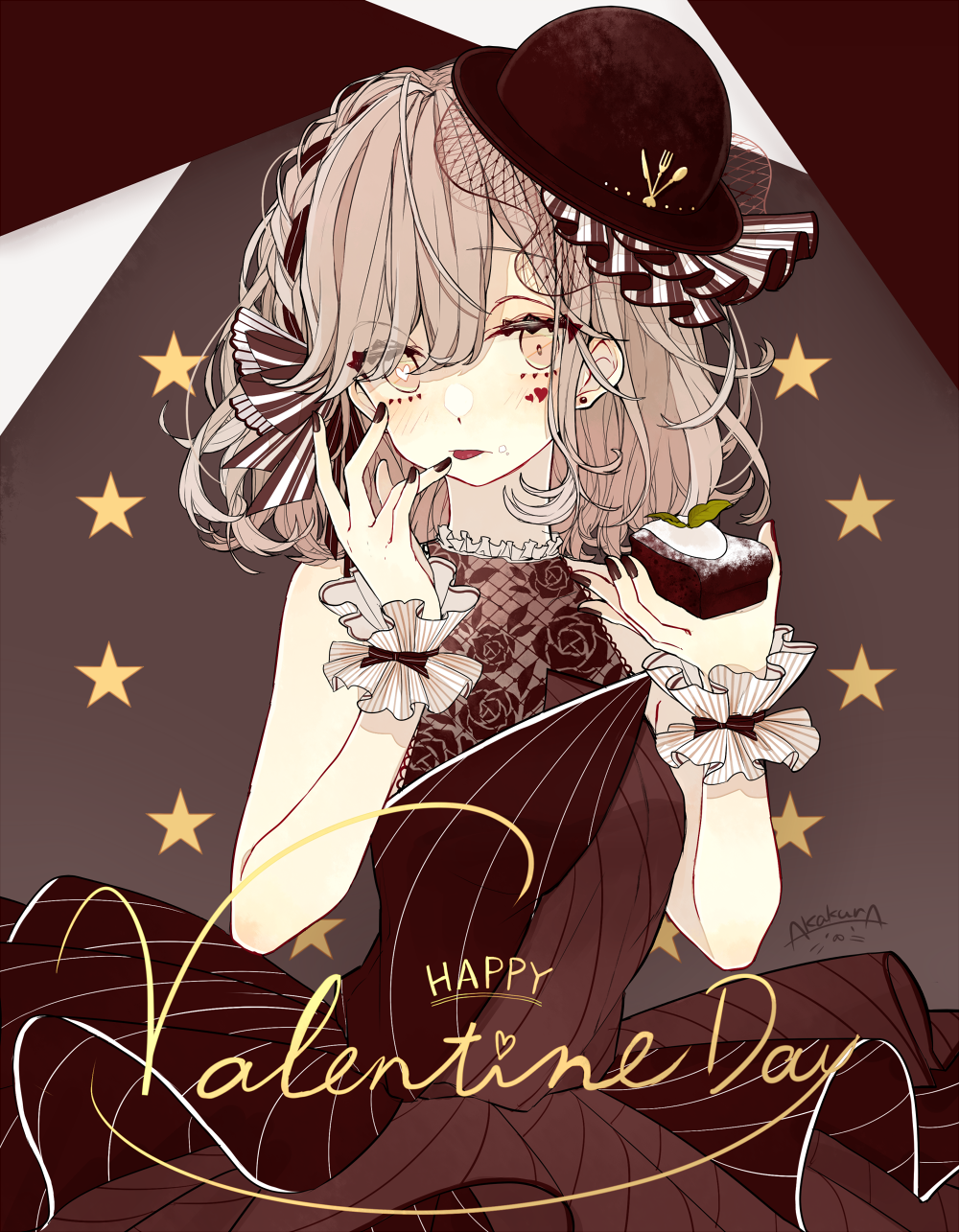 1girl akakura black_dress black_hat blush bowler_hat brass_knuckles cake closed_mouth dress english_text eyebrows_visible_through_hair food frilled_dress frills happy_valentine hat heart heart-shaped_pupils highres holding holding_food light_brown_eyes light_brown_hair lips looking_at_viewer manicure original short_hair signature sleeveless sleeveless_dress solo star symbol-shaped_pupils upper_body valentine weapon wrist_cuffs