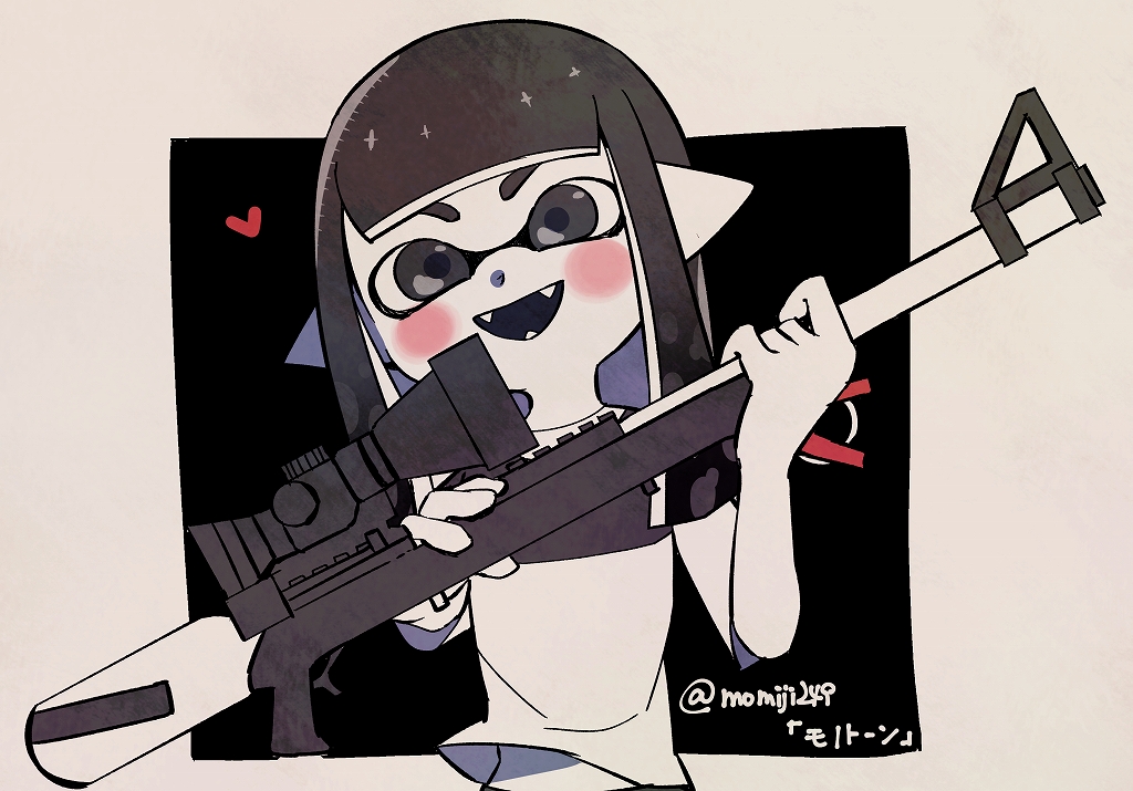 1girl :d bangs black_eyes black_hair blunt_bangs blush domino_mask fangs head_tilt heart holding inkling kirikuchi_riku long_hair looking_at_viewer mask open_mouth pointy_ears smile solo splatoon splatoon_(series) splatoon_2 splatterscope_(splatoon) tentacle_hair toni_kensa_(splatoon) twitter_username upper_body