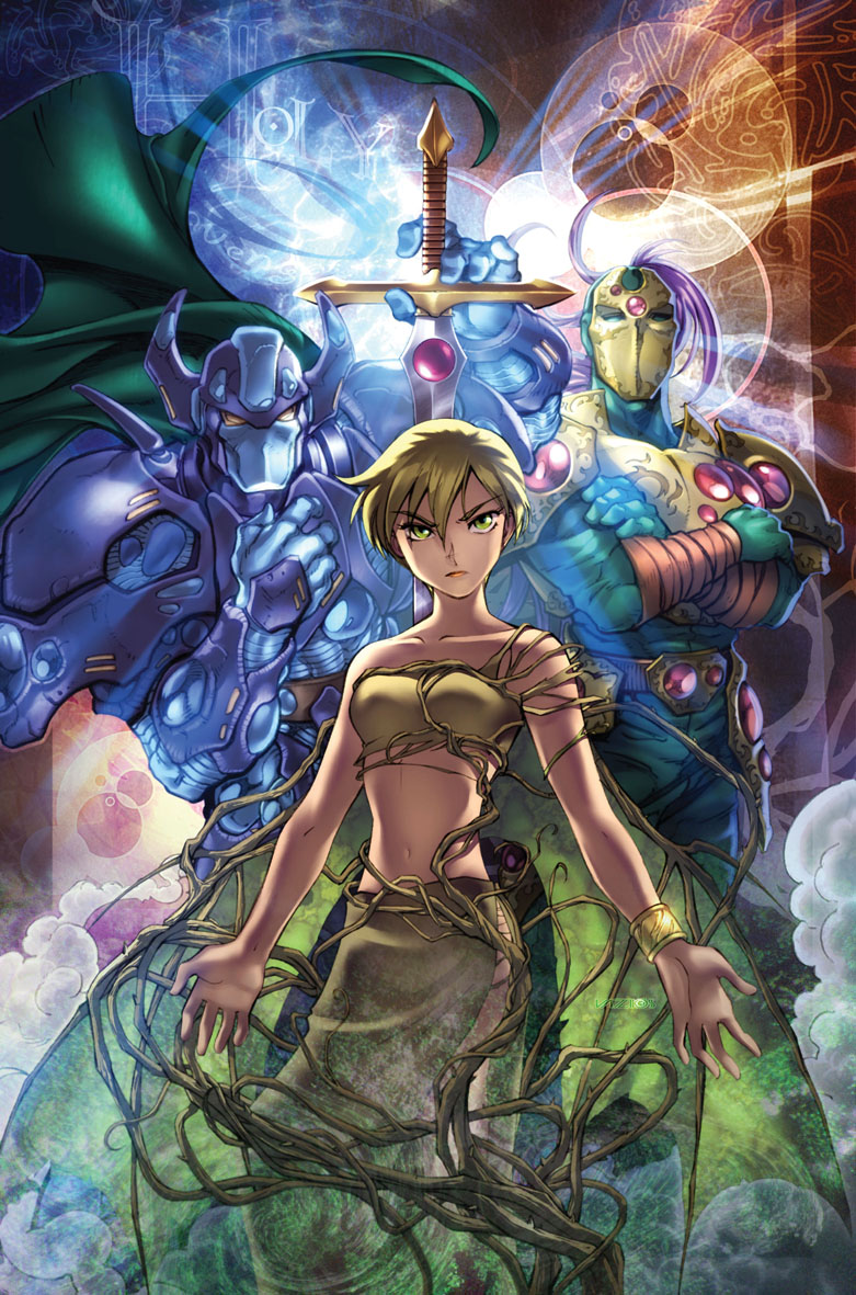 1girl 2boys andre_vazzios armor blonde_hair breasts commentary erica_awano green_eyes holding holding_sword holding_weapon holy_avenger lisandra_(holy_avenger) looking_at_viewer mestre_arsenal_(holy_avenger) midriff multiple_boys navel official_art paladino_(holy_avenger) portuguese_commentary purple_hair serious short_hair small_breasts sword weapon