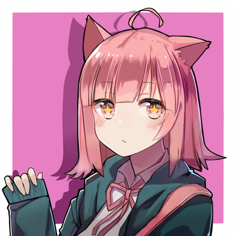 1girl ahoge animal_ears backpack bag bangs blush cat_ears commentary dangan_ronpa eyebrows_visible_through_hair face green_jacket jacket long_sleeves looking_at_viewer nanami_chiaki no_nose pink_background pink_backpack pink_eyes pink_hair pink_neckwear pink_ribbon ribbon ryuuno6 shirt short_hair solo star star-shaped_pupils super_dangan_ronpa_2 symbol-shaped_pupils wavy_mouth white_shirt