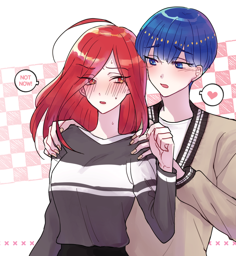1boy 1girl ahoge alternate_costume bangs blue_eyes blue_hair blunt_bangs blush contemporary dot_nose embarrassed english_text eyebrows_visible_through_hair eyes_visible_through_hair hair_over_one_eye hand_on_another's_shoulder heart hetero holding houseki_no_kuni humanization long_hair looking_at_another medium_hair phosphophyllite pin_(velika) pink_heart red_eyes redhead shinsha_(houseki_no_kuni) short_hair shoulder_grab speech_bubble spoilers spoken_heart sweater thick_eyebrows upper_body