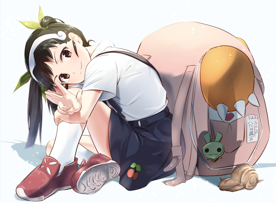 1girl backpack bag bakemonogatari black_hair black_skirt bow brown_eyes full_body green_bow hachikuji_mayoi hair_bow long_hair looking_at_viewer miniskirt monogatari_(series) red_footwear shadow shiny shiny_hair shirt short_sleeves simple_background sitting skirt smile snail solo suspender_skirt suspenders tagame_(tagamecat) twintails white_background white_legwear white_shirt