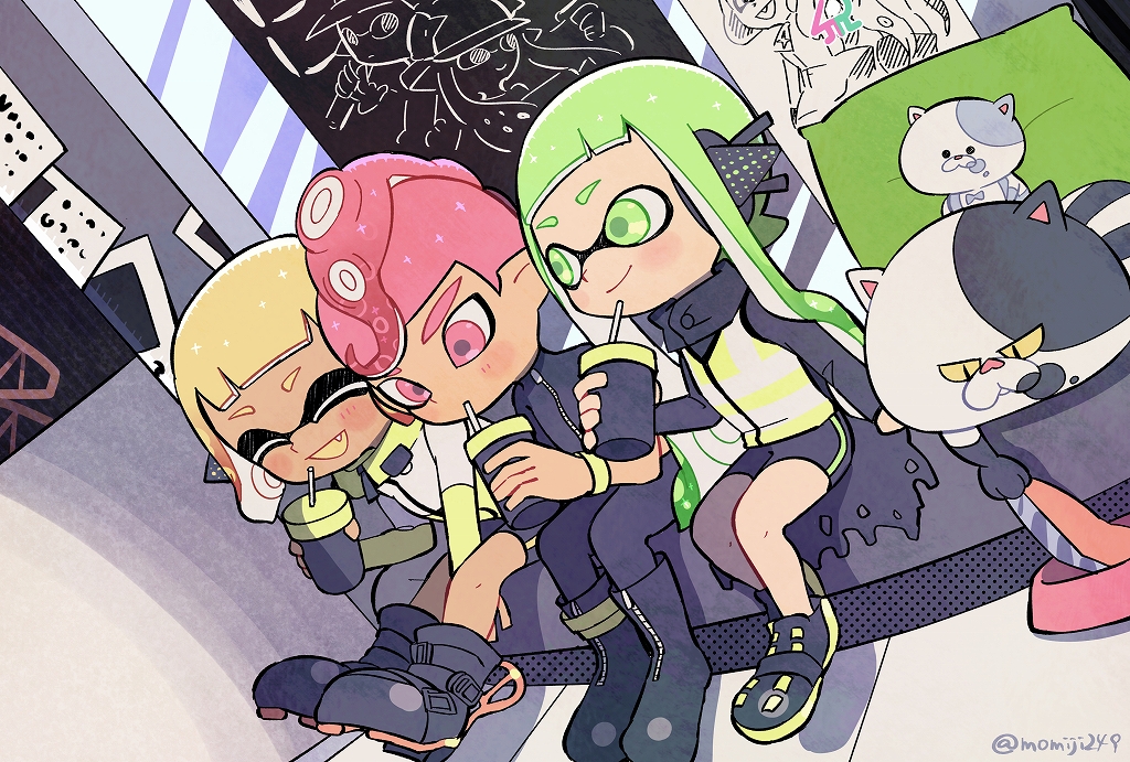 1boy 2girls :d ^_^ agent_8 animal between_legs bike_shorts black_cape black_footwear black_pants blonde_hair blush boots bowl cape cat closed_eyes closed_mouth cup dark_skin domino_mask drinking drinking_straw dutch_angle fang fish green_eyes green_hair hand_between_legs headgear hime_(splatoon) holding holding_cup iida_(splatoon) inkling jajji-kun_(splatoon) kirikuchi_riku kitten kojajji-kun_(splatoon) long_hair mask mohawk multiple_girls octarian octoling open_mouth pants pet_bowl pillow pink_eyes pink_hair poster_(object) salmon_run shadow shoes short_hair single_horizontal_stripe sitting smile splatoon splatoon_(series) splatoon_2 splatoon_2:_octo_expansion squidbeak_splatoon suction_cups tentacle_hair torn_cape torn_clothes turtleneck twitter_username vest wristband zipper zipper_pull_tab