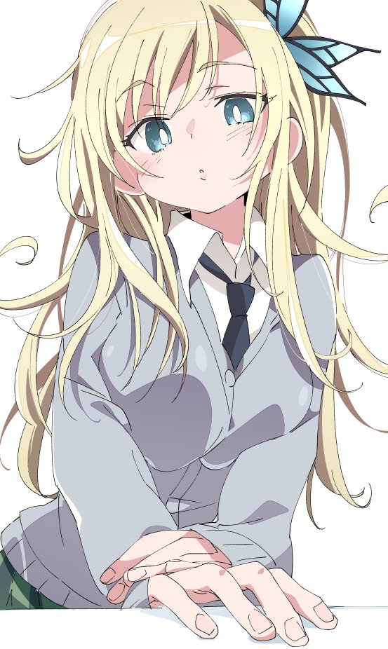 1girl blonde_hair boku_wa_tomodachi_ga_sukunai butterfly_hair_ornament hair_ornament ixy kashiwazaki_sena long_hair looking_at_viewer simple_background solo white_background