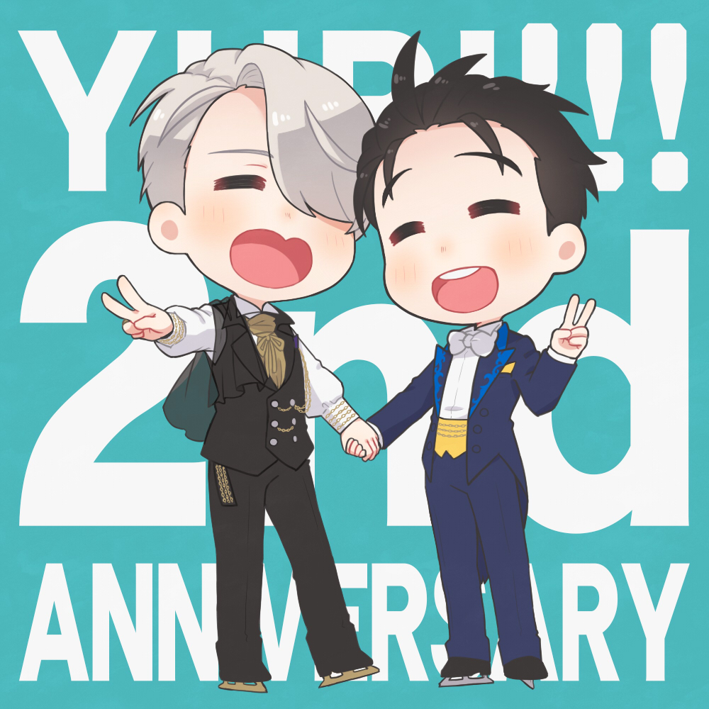 2boys ^_^ anniversary black_hair bow bowtie chains closed_eyes closed_eyes english_text formal hand_holding heart-shaped_mouth ice_skates katsuki_yuuri male_focus multiple_boys open_mouth ruei_(chicking) silver_hair skates smile suit v viktor_nikiforov waistcoat yuri!!!_on_ice