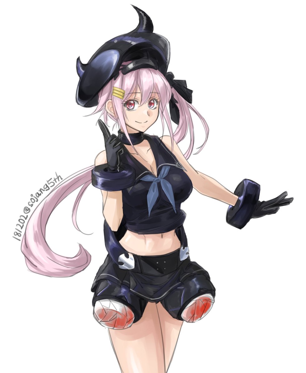 1girl bandages black_gloves black_shirt blue_hair commentary_request cosplay crop_top dated destroyer_hime destroyer_hime_(cosplay) fake_blood flower gloves gradient_hair hair_flower hair_ornament harusame_(kantai_collection) hat headgear highres horns index_finger_raised kantai_collection long_hair midriff multicolored_hair navel pink_hair red_eyes shinkaisei-kan shirt side_ponytail simple_background smile solo sozan standing twitter_username white_background