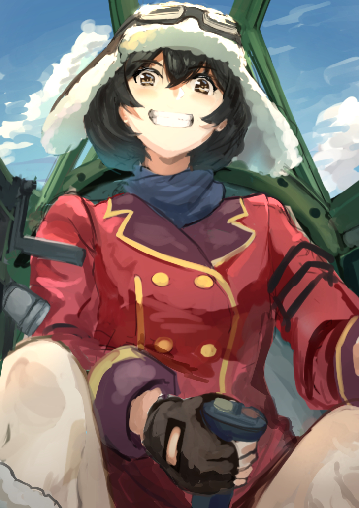 1girl :d aircraft airplane aviator_cap black_hair blue_scarf blue_sky brown_eyes brown_gloves clouds day fingerless_gloves gloves goggles goggles_on_head grin hair_between_eyes jikihatiman kirie_(kouya_no_kotobuki_hikoutai) kouya_no_kotobuki_hikoutai long_sleeves looking_at_viewer open_mouth plane_interior scarf short_hair sketch sky smile solo