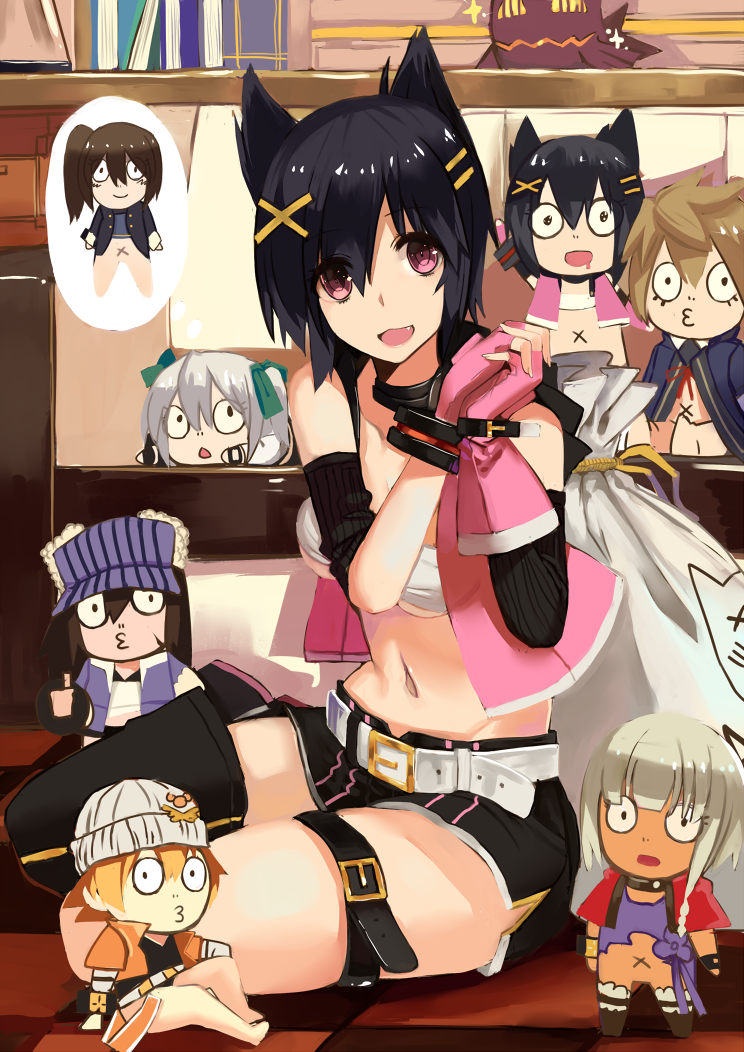 1girl animal_ears belt black_belt black_choker black_hair black_legwear black_shorts black_sleeves blue_jacket bra breasts brown_hair cat_ears character_request chibi choker ciel_alencon commentary_request detached_sleeves fingerless_gloves gloves god_eater god_eater_2:_rage_burst hair_ornament hairclip hat indoors jacket kouzuki_nana looking_at_viewer medium_breasts midriff mismatched_gloves mismatched_legwear mismatched_sleeves navel on_ground open_mouth orange_hair orange_jacket pink_eyes pink_gloves red_jacket ryuuno6 sack shirt short_hair shorts silver_hair sitting solo_focus standing strapless thigh-highs thought_bubble underwear white_belt white_bra white_shirt x_hair_ornament