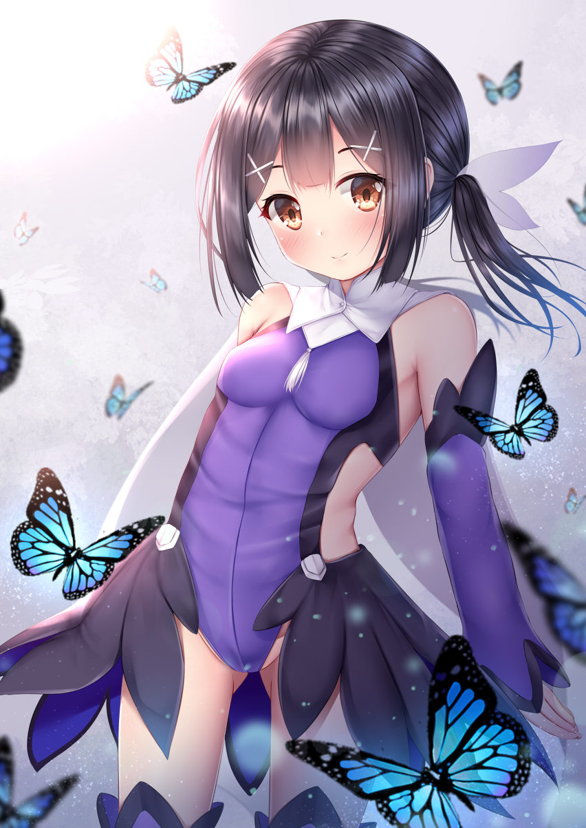1girl ass_visible_through_thighs bangs bare_shoulders black_hair blurry blurry_background blush breasts brown_eyes bug butterfly closed_eyes depth_of_field detached_sleeves eyebrows_visible_through_hair fate/kaleid_liner_prisma_illya fate_(series) groin hair_ornament head_tilt highres insect leotard long_hair long_sleeves miyu_edelfelt puririn purple_leotard purple_sleeves sleeves_past_wrists small_breasts smile solo twintails x_hair_ornament