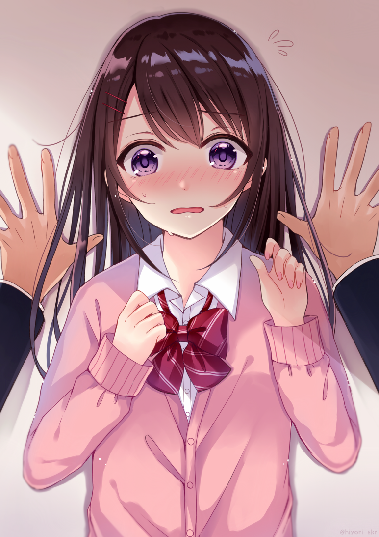 1boy 1girl bangs blush bow brown_hair cardigan collared_shirt commentary_request dress_shirt eyebrows_visible_through_hair fingernails flying_sweatdrops hands_up long_hair long_sleeves nail_polish nose_blush original out_of_frame parted_lips pink_cardigan pink_nails pov pov_hands red_bow sakura_hiyori school_uniform shirt sleeves_past_wrists solo_focus sweat upper_body violet_eyes wall_slam white_shirt