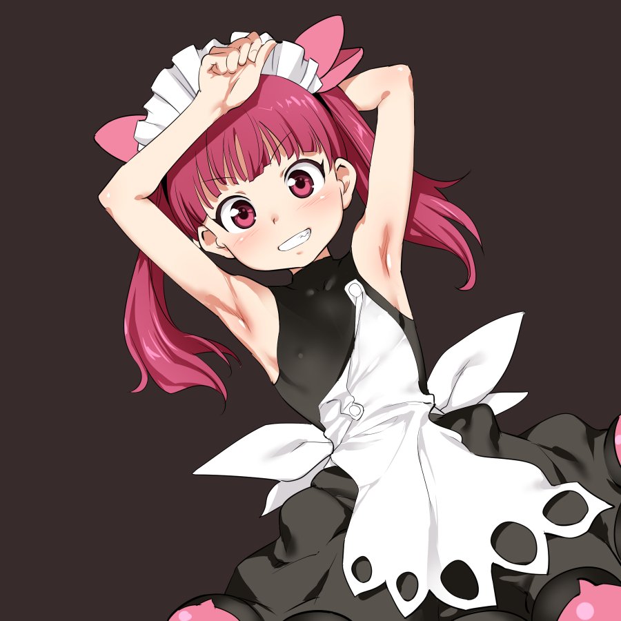 1girl apron armpits arms_up bangs bare_arms bare_shoulders black_dress blush brown_background commentary_request covered_collarbone dress dutch_angle eyebrows_visible_through_hair funnyari grin hair_ribbon kemurikusa long_hair looking_at_viewer maid_headdress pink_ribbon red_eyes redhead ribbon rina_(kemurikusa) simple_background sleeveless sleeveless_dress smile solo twintails v-shaped_eyebrows white_apron