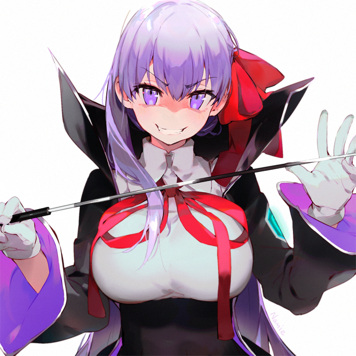 1girl bb_(fate)_(all) bow breasts cape collar eyebrows_visible_through_hair fate/extra fate_(series) gloves grin hair_ribbon large_breasts long_hair long_sleeves looking_at_viewer namie-kun purple_hair ribbon smile solo violet_eyes wand white_background