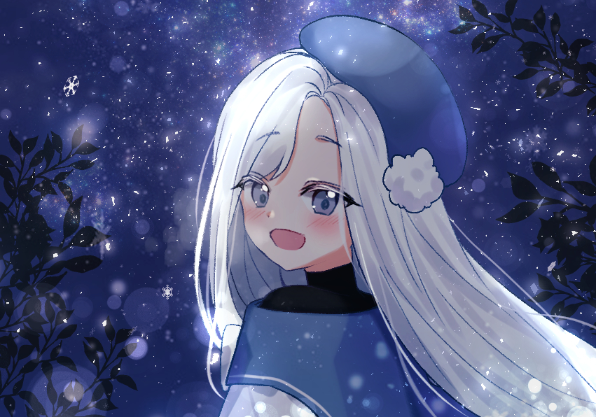 1girl beret black_shirt blue_hat blue_sailor_collar blush bow hat long_hair looking_at_viewer looking_to_the_side mamel_27 night night_sky original outdoors sailor_collar shirt silver_hair sky snowflakes solo star_(sky) starry_sky upper_body violet_eyes white_bow