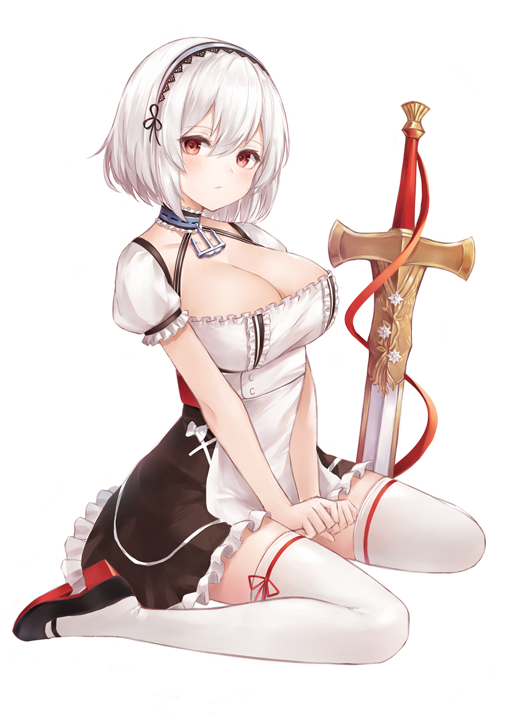 1girl anchor apron azur_lane bangs black_footwear black_hairband black_skirt blush breasts cleavage commentary_request frilled_skirt frilled_sleeves frills full_body fuwawa_(fuwawa617) hair_between_eyes hairband high-waist_skirt highres large_breasts looking_at_viewer mary_janes own_hands_together planted_sword planted_weapon puffy_short_sleeves puffy_sleeves red_eyes shirt shoes short_hair short_sleeves simple_background sirius_(azur_lane) sitting skirt solo suspender_skirt suspenders sword thigh-highs v_arms waist_apron wariza weapon white_apron white_background white_legwear white_shirt zettai_ryouiki