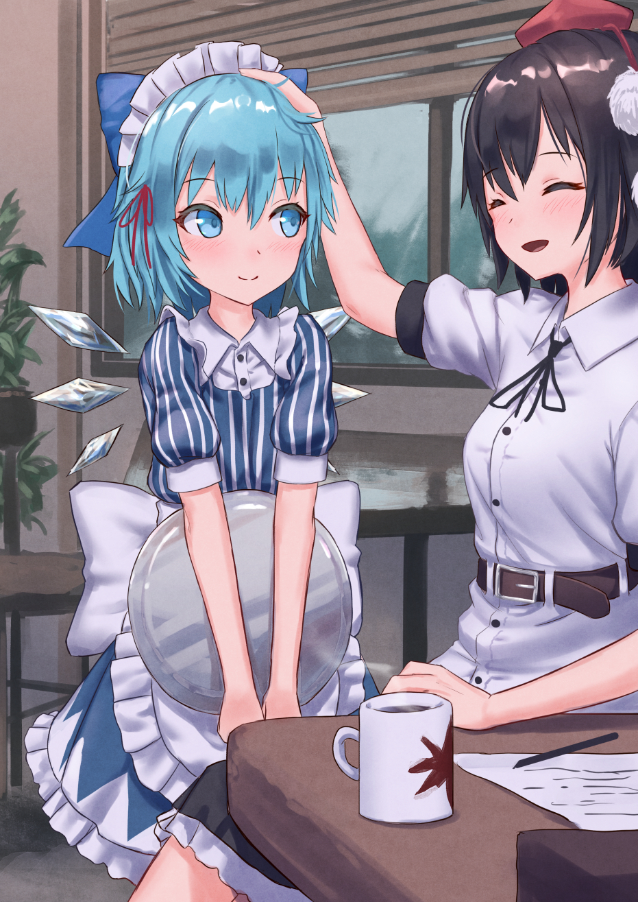 2girls :d ^_^ alternate_costume apron arm_up bangs belt black_belt black_hair black_neckwear black_ribbon black_skirt blinds blue_bow blue_dress blue_eyes blue_hair blush bow breasts chair cirno closed_eyes closed_eyes commentary_request cup dress enmaided eyebrows_visible_through_hair feet_out_of_frame frilled_apron frilled_shirt_collar frills hair_between_eyes hair_bow hair_ribbon hand_on_another's_head hat highres holding holding_tray ice ice_wings indoors leaf_print looking_at_another maid maid_apron maid_headdress medium_breasts mug multiple_girls neck_ribbon open_mouth paper pencil petticoat pom_pom_(clothes) puffy_short_sleeves puffy_sleeves red_ribbon ribbon roke_(taikodon) shameimaru_aya shirt short_hair short_sleeves sitting skirt smile standing striped table tokin_hat touhou tray v_arms vertical-striped_dress vertical_stripes waist_apron white_apron white_shirt wings