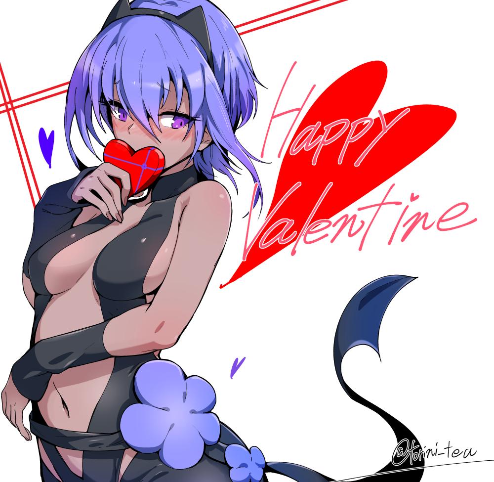 1girl animal_ears blush box breasts bridal_gauntlets cat_ears cleavage cleavage_cutout collar commentary_request covering_mouth dark_skin fake_animal_ears fate/grand_order fate_(series) hair_between_eyes hairband happy_valentine hassan_of_serenity_(fate) heart heart-shaped_box leotard medium_breasts navel nose_blush purple_hair short_hair sidelocks sleeveless solo standing torichamaru twitter_username upper_body valentine violet_eyes white_background