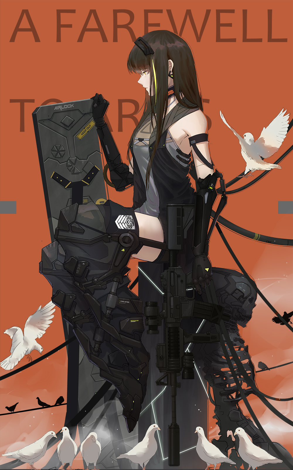 1girl android animal assault_rifle bird black_hair czcz12321 flying full_body girls_frontline green_hair gun headgear highres holding holding_gun holding_weapon long_hair m4_carbine m4a1_(girls_frontline) mechanical_arms mechanical_legs mechanical_parts multicolored_hair pigeon rifle simple_background sleeveless solo streaked_hair thigh-highs weapon yellow_eyes