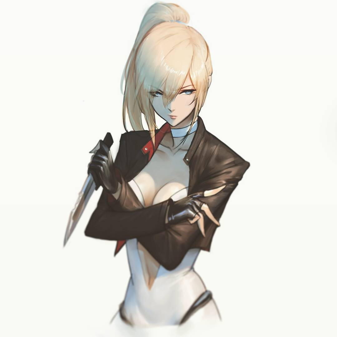 1girl black_gloves blonde_hair blue_eyes breasts center_opening choker cleavage closed_mouth collarbone cropped_jacket crossed_arms eyebrows_visible_through_hair eyes_visible_through_hair fingerless_gloves gloves hair_between_eyes holding holding_knife holding_weapon jacket knife leotard long_hair looking_at_viewer medium_breasts navel open_clothes open_jacket original ponytail raikoart solo strapless strapless_leotard tess_turner weapon white_background white_leotard