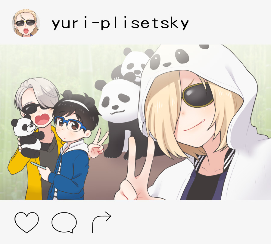 3boys animal_ears animal_hood black_hair blonde_hair blue-framed_eyewear fake_animal_ears fake_screenshot glasses hair_over_one_eye heart-shaped_mouth hood instagram katsuki_yuuri male_focus multiple_boys open_mouth panda_ears panda_hood ruei_(chicking) silver_hair smile stuffed_animal stuffed_panda stuffed_toy sunglasses v viktor_nikiforov yuri!!!_on_ice yuri_plisetsky