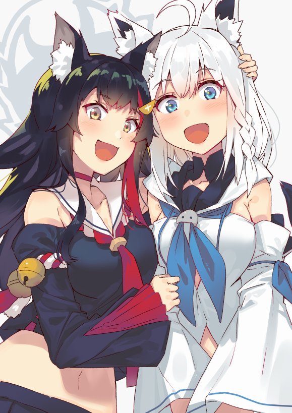 2girls :d ahoge animal_ear_fluff animal_ears bangs bare_shoulders bell black_hair black_sleeves blue_eyes blue_neckwear blush breasts choker collarbone commentary_request detached_sleeves fingernails fox_ears fox_girl fox_tail hair_ornament hairclip hand_on_another's_head happy hololive jingle_bell kouhaku_nawa long_hair long_sleeves looking_at_viewer multicolored_hair multiple_girls navel neckerchief ookami_mio open_mouth red_choker red_neckwear shirakami_fubuki smile stomach streaked_hair tail tonari_no_kai_keruberosu two-tone_hair upper_body v_arms virtual_youtuber white_hair wide_sleeves wolf_ears wolf_girl wolf_tail yellow_eyes