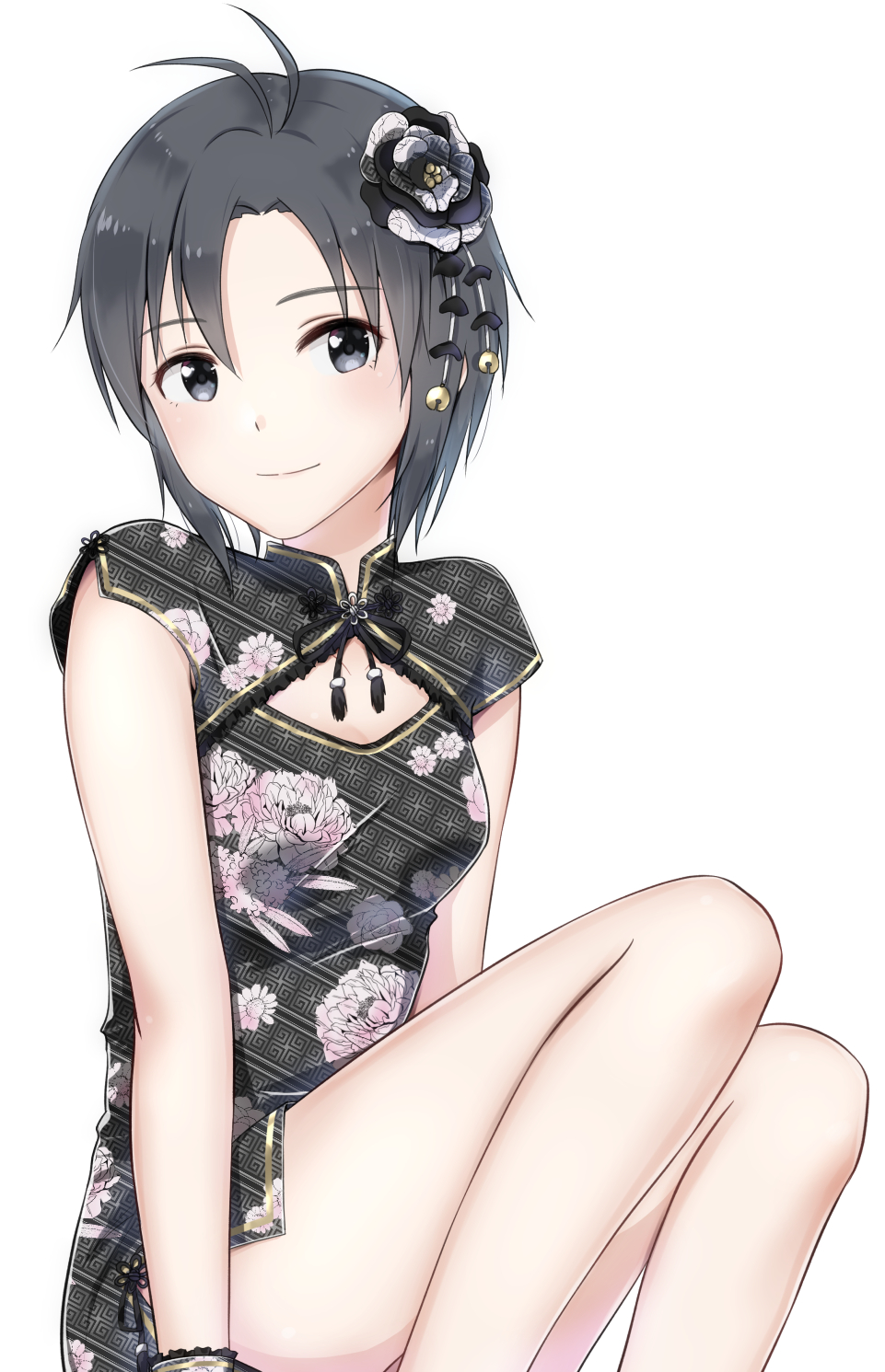 1girl antenna_hair bell black_dress black_hair breasts china_dress chinese_clothes cleavage cleavage_cutout dress floral_print grey_eyes hair_bell hair_ornament highres idolmaster idolmaster_(classic) kikuchi_makoto looking_at_viewer mogskg print_dress shiny shiny_hair short_dress short_hair side_slit simple_background sitting small_breasts smile solo striped striped_dress white_background wrist_cuffs