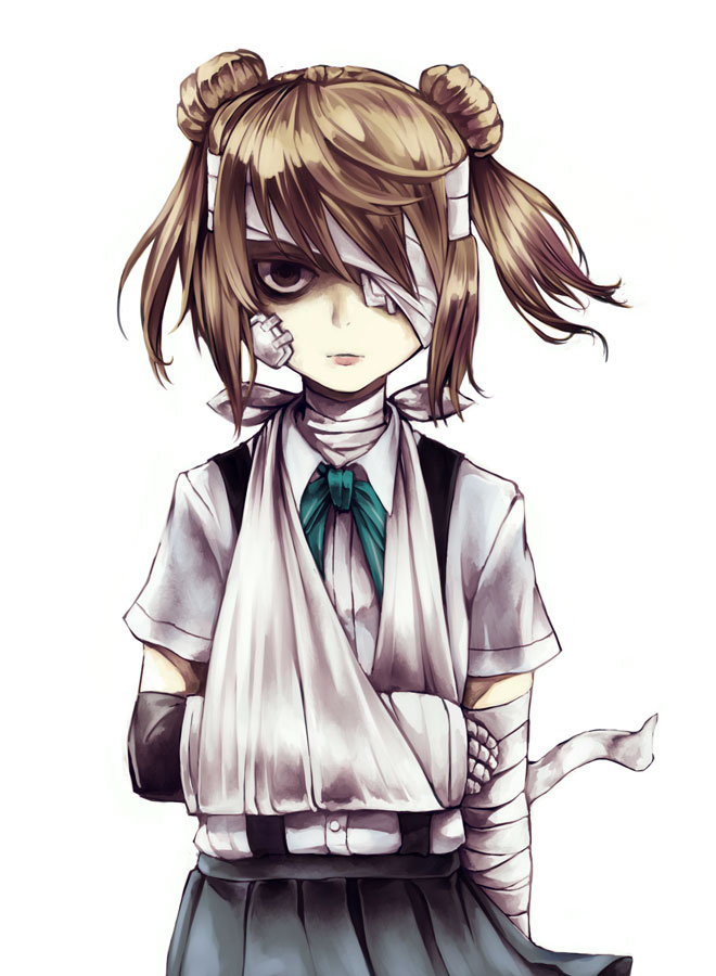 1girl arm_sling bags_under_eyes bandage bandage_over_one_eye bandaged_arm bandaged_head bandaged_neck bandages brown_eyes cast double_bun empty_eyes expressionless kantai_collection kurou_(bcrow) light_brown_hair michishio_(kantai_collection) school_uniform solo suspenders