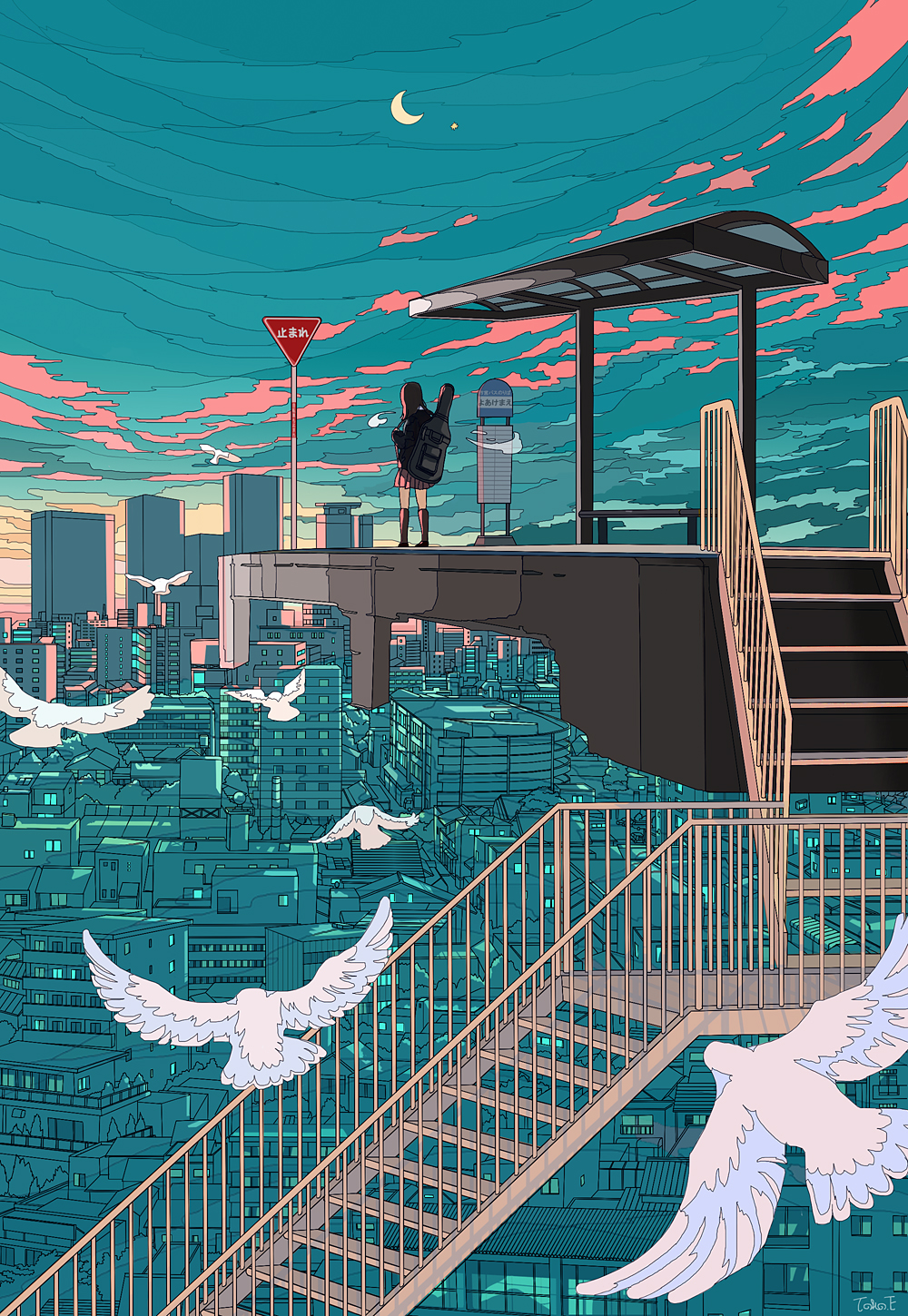 1girl animal bird blue_sky building city cityscape clouds commentary_request crescent_moon dawn flying guitar_case highres instrument_case moon original outdoors railing red_sky road_sign scenery seraphitalg sign skirt sky skyscraper solo stairs wide_shot