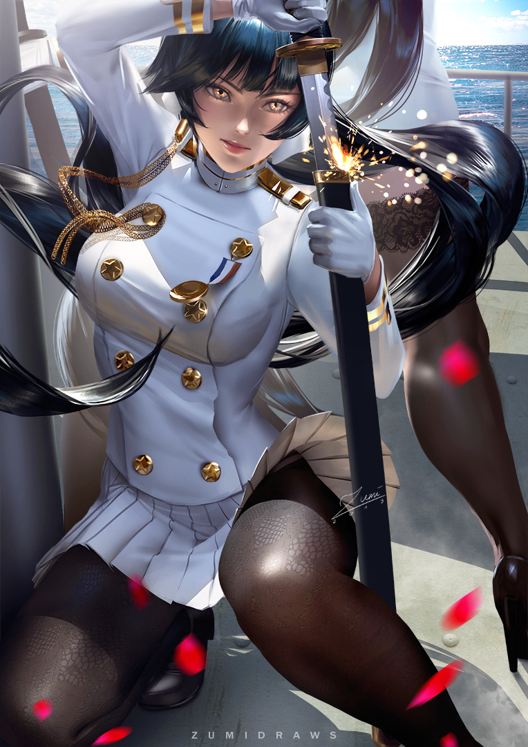 2girls aiguillette artist_name atago_(azur_lane) azur_lane bangs banned_artist black_footwear black_hair black_legwear blunt_bangs blurry_foreground breasts brown_eyes day deck double-breasted falling_petals fine_fabric_emphasis gloves high_collar high_heels holding holding_sword holding_weapon jacket kneeling lace lace-trimmed_legwear large_breasts long_hair looking_at_viewer medallion military military_uniform miniskirt multiple_girls ocean out_of_frame outdoors pantyhose pencil_skirt pleated_skirt sheath signature skirt solo_focus sword takao_(azur_lane) taut_clothes thigh-highs thighs uniform unsheathing very_long_hair water weapon white_gloves white_jacket white_skirt zumi_(zumidraws)