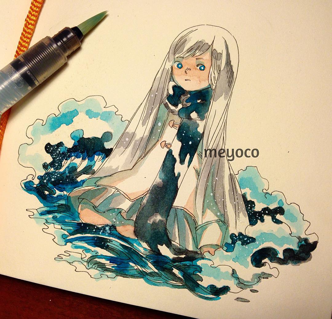 1girl artist_name blue_eyes grey_hair grey_skirt kneeling long_hair long_sleeves marker_(medium) meyoco original photo pleated_skirt scarf skirt solo traditional_media very_long_hair water waves white_background