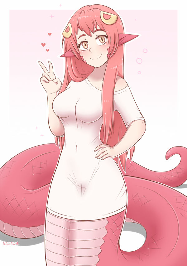 1girl breasts cleavage commission hair_between_eyes lamia large_breasts long_hair looking_at_viewer miia_(monster_musume) monster_girl monster_musume_no_iru_nichijou peace_sign pointy_ears red_hair redhead scales selirum smile snake_tail solo strapless tail white_shirt yellow_eyes