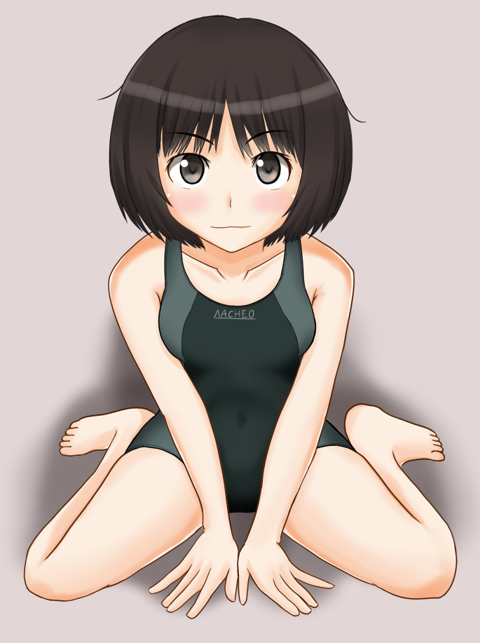 1girl :3 amagami bangs between_legs blush bob_cut breasts brown_eyes brown_hair closed_mouth commentary competition_swimsuit hand_between_legs hands_on_ground kaito_(aoba1192) leaning_forward light_smile looking_at_viewer messy_hair one-piece_swimsuit short_hair simple_background sitting small_breasts solo swimsuit tachibana_miya tan_background wariza