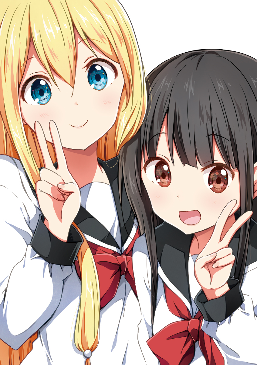 2girls :d amatsuka_poi black_hair black_sailor_collar blonde_hair blue_eyes blush bow brown_eyes chijou_noko chikanoko closed_mouth fingernails hand_up highres long_hair long_sleeves multiple_girls open_mouth ragho_no_erika red_bow sailor_collar school_uniform serafuku shirt sidelocks simple_background smile upper_body v very_long_hair white_background white_shirt