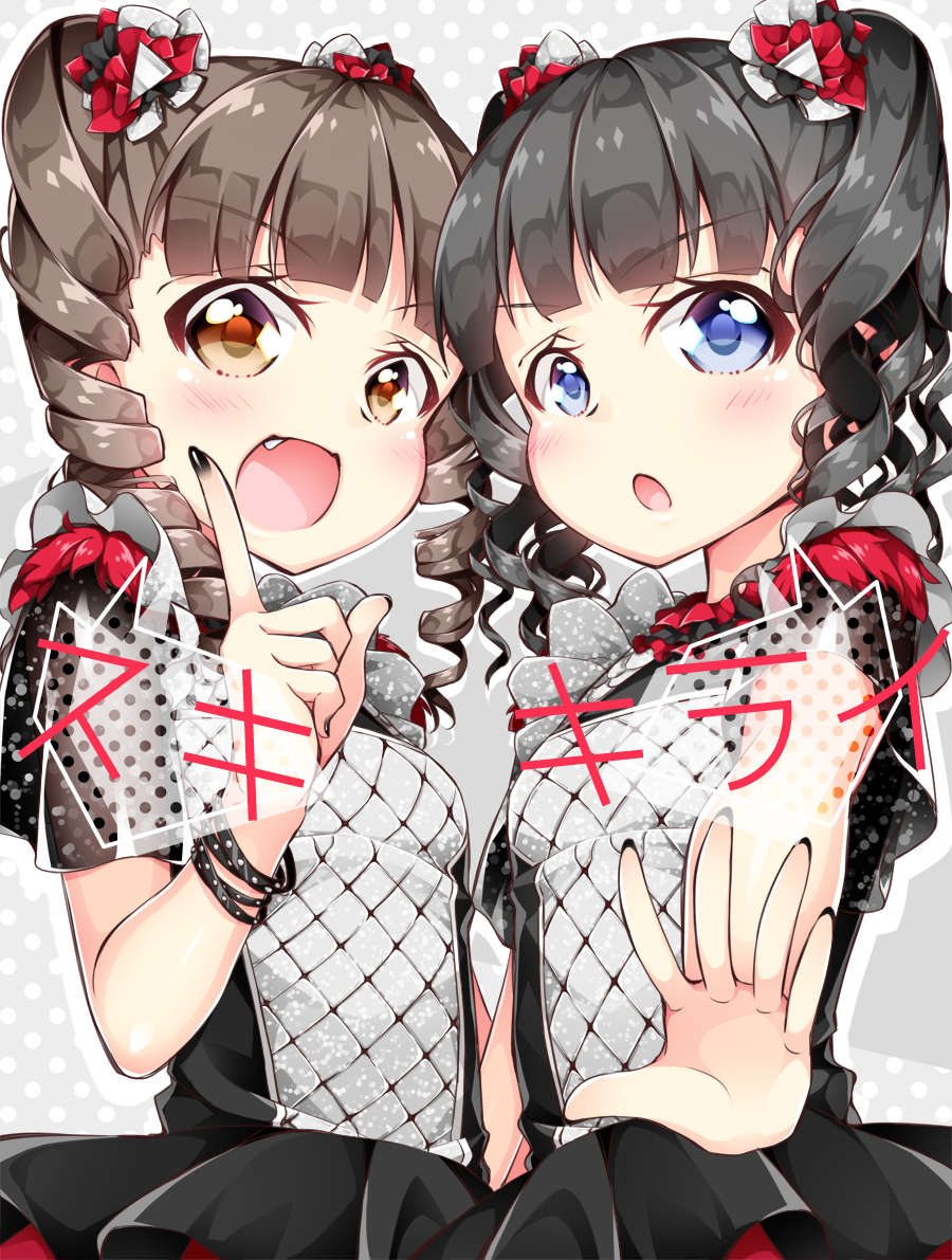 2girls babymetal bangs black_dress black_hair black_nails blue_eyes blunt_bangs blush breasts brown_hair check_character commentary_request dress drill_hair eyebrows_visible_through_hair fang frilled_dress frills from_below index_finger_raised inumine_aya kikuchi_moa multiple_girls nail_polish nakamoto_suzuka open_mouth orange_eyes outstretched_hand small_breasts smile translated twin_drills twintails upper_body