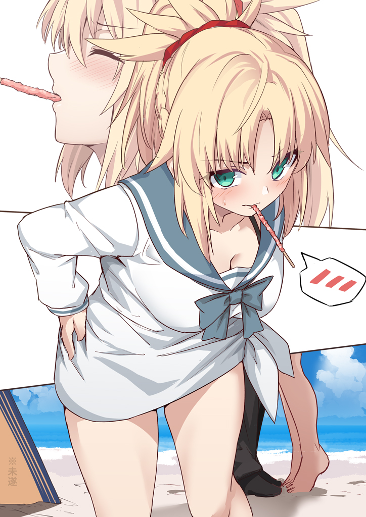 1girl bangs bare_legs beach black_legwear blonde_hair blush bow braid breasts cleavage clouds collarbone commentary_request day eyebrows_visible_through_hair fate/grand_order fate_(series) food food_in_mouth green_eyes hand_on_hip looking_at_viewer medium_breasts mordred_(fate)_(all) multiple_views ocean parted_bangs ponytail red_scrunchie sailor_senshi_uniform scrunchie shirt shiseki_hirame short_hair solo_focus speech_bubble standing water