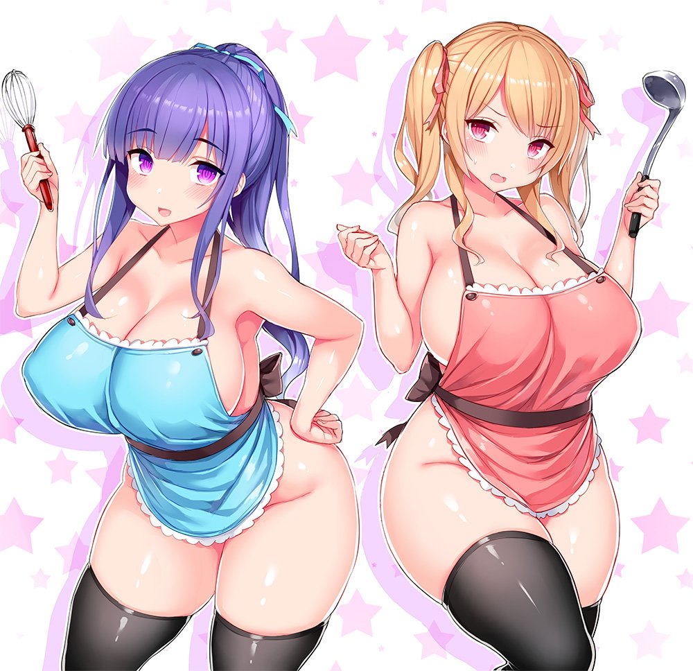 2girls apron bangs black_legwear black_ribbon blonde_hair blue_ribbon blush breasts cleavage collarbone commentary erect_nipples eyebrows_visible_through_hair hair_between_eyes hair_ornament hair_ribbon hand_on_hip hands_up holding large_breasts long_hair looking_at_viewer multiple_girls naked_apron no_panties open_mouth original plump ponytail puffy_nipples purple_hair red_eyes red_ribbon ribbon sideboob simple_background skindentation smile standing star starry_background sweatdrop thigh-highs tsukumiya_amane twintails violet_eyes whisk