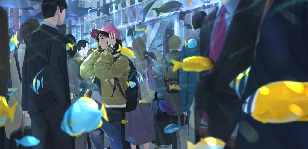 1girl aquarium backpack bag baseball_cap blurry blurry_foreground bubble closed_eyes commentary_request covering_ears crowd depth_of_field fish formal hat jacket original somehira_katsu suit watch watch