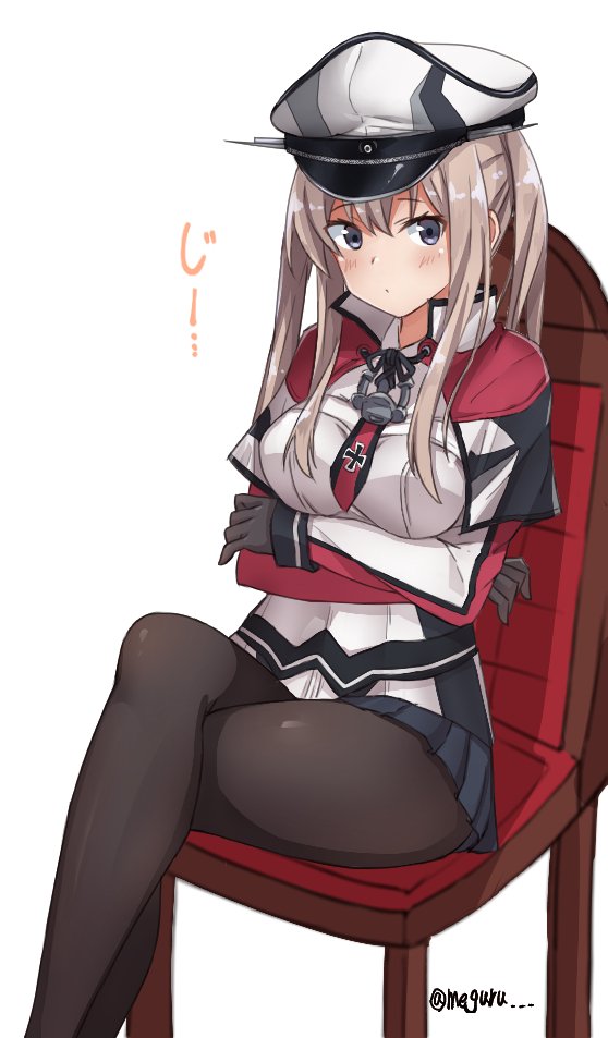 1girl :o bangs black_eyes black_gloves black_legwear black_skirt blonde_hair blush breasts capelet celtic_knot chair crossed_arms gloves graf_zeppelin_(kantai_collection) hat iron_cross kantai_collection legs_crossed long_hair long_sleeves meguru_(megurunn) military military_hat military_uniform peaked_cap pleated_skirt sidelocks simple_background sitting skirt solo twitter_username uniform white_background