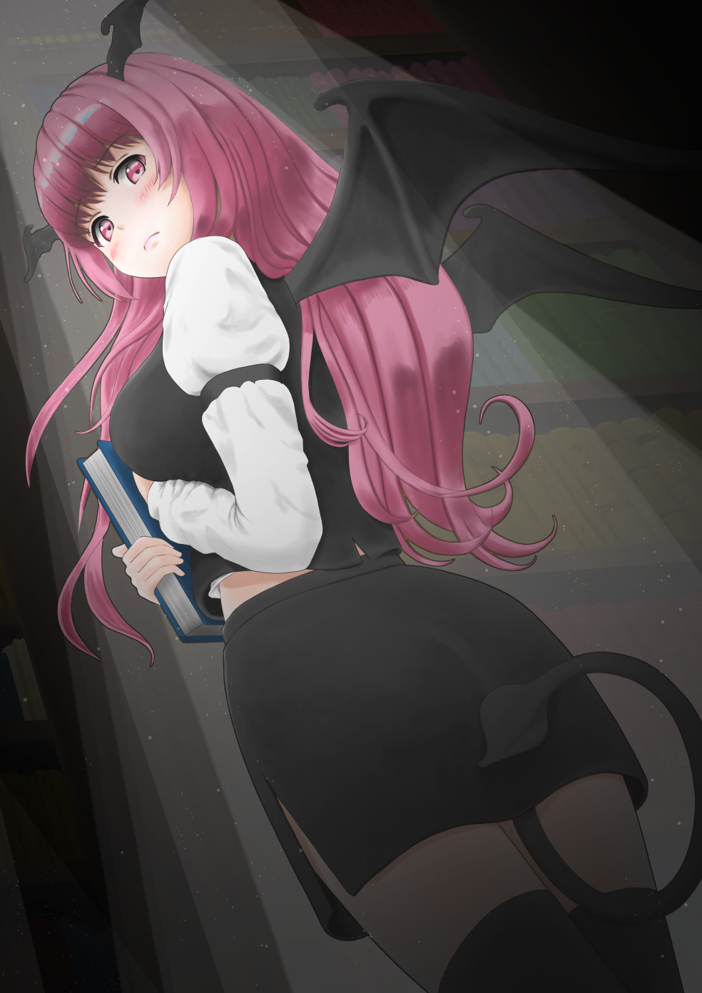 1girl armband ass bangs between_breasts black_legwear black_skirt black_vest blush book bookshelf bosutonii breasts commentary_request cowboy_shot demon_tail demon_wings dutch_angle from_behind from_below frown hand_between_breasts hand_on_own_chest head_wings highres holding holding_book indoors koakuma long_hair long_sleeves looking_at_viewer looking_down medium_breasts midriff_peek miniskirt pink_eyes pink_hair shirt skirt solo standing tail thigh-highs touhou vest white_shirt wings