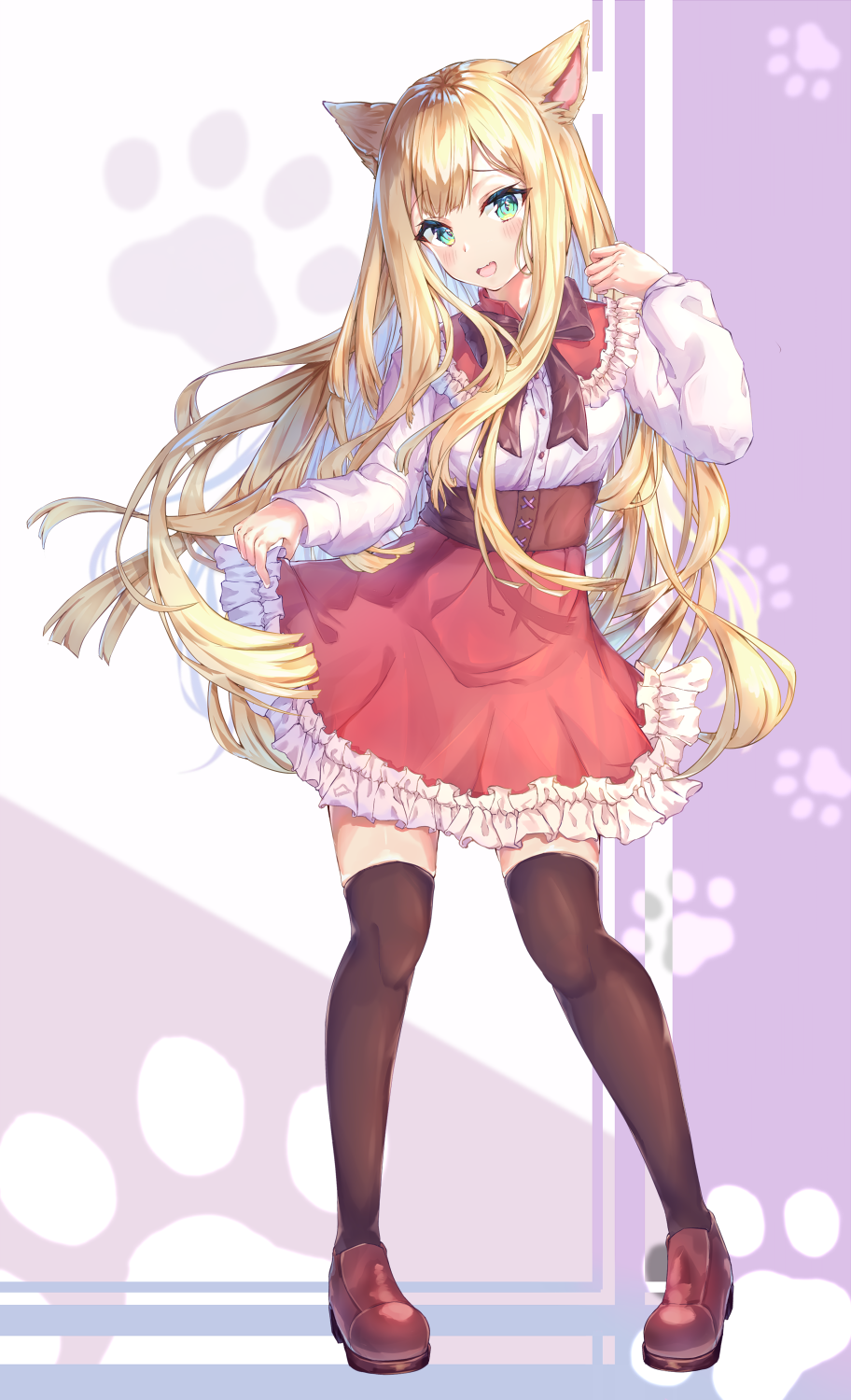 1girl :d animal_ears blonde_hair blurry blush bow bowtie brown_footwear brown_legwear brown_neckwear buttons cat_ears fang floating_hair frilled_shirt frilled_shirt_collar frilled_skirt frills full_body green_eyes hand_up head_tilt high-waist_skirt highres long_hair long_sleeves looking_at_viewer mishuo_(misuo69421) open_mouth original paw_background red_skirt shirt shoes skirt skirt_hold smile solo standing thigh-highs very_long_hair white_shirt zettai_ryouiki