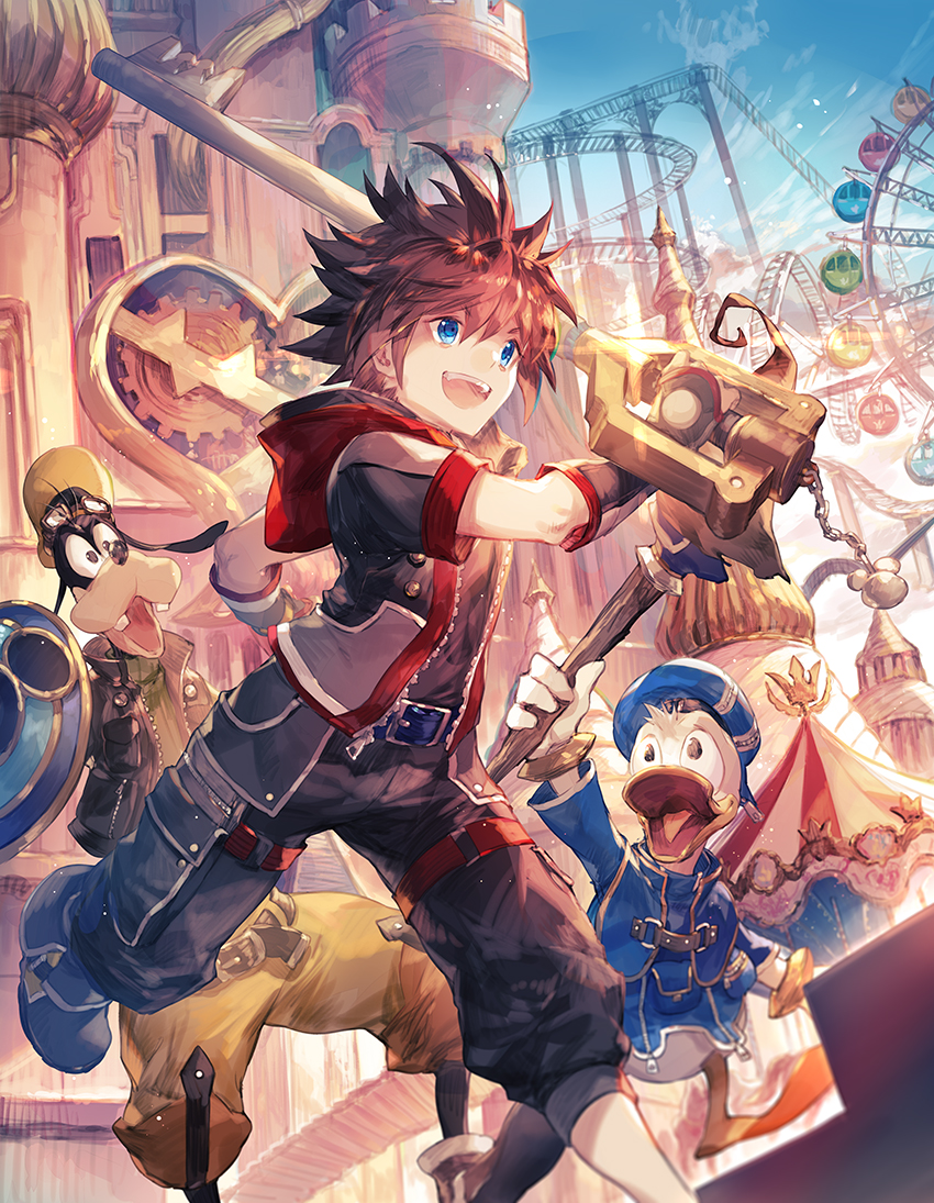 1boy :d black_eyes black_jacket black_pants blue_eyes blue_hat blue_sky brown_hair carousel disney donald_duck ferris_wheel gears gloves goggles goggles_on_head goofy green_hat hat holding holding_staff hood hood_down jacket keyblade kingdom_hearts male_focus open_mouth outdoors pants roller_coaster scorpion5050 shield shoes sky smile sora_(kingdom_hearts) spiky_hair staff zipper